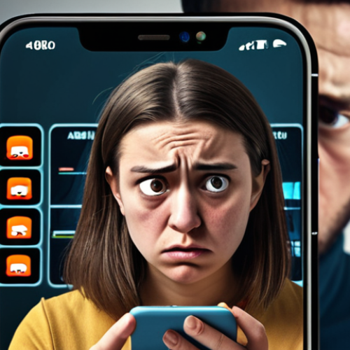 Home 18 ** A smartphone user looking worried while downloading an app. The background shows distorted faces in the app icon, hinting at potential data theft. The overall tone should be unsettling.
**