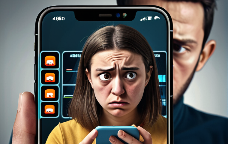 ** A smartphone user looking worried while downloading an app. The background shows distorted faces in the app icon, hinting at potential data theft. The overall tone should be unsettling.

**
