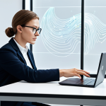 A professional individual, fully clothed in modern business casual attire, seated at a sleek minimalist desk in a bright, contemporary office. The person is focused on a laptop screen, with subtle, abstract lines and glowing nodes emanating from the screen, visually representing the flow of digital data and the user's interconnected digital footprint. The atmosphere is thoughtful and composed. Safe for work, appropriate content, professional, perfect anatomy, correct proportions, natural pose, well-formed hands, proper finger count, natural body proportions, high quality professional photography.