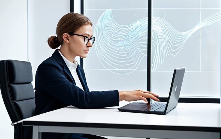 A professional individual, fully clothed in modern business casual attire, seated at a sleek minimalist desk in a bright, contemporary office. The person is focused on a laptop screen, with subtle, abstract lines and glowing nodes emanating from the screen, visually representing the flow of digital data and the user's interconnected digital footprint. The atmosphere is thoughtful and composed. Safe for work, appropriate content, professional, perfect anatomy, correct proportions, natural pose, well-formed hands, proper finger count, natural body proportions, high quality professional photography.