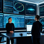 A diverse team of cybersecurity professionals, including men and women, in modest business attire, observing multiple large holographic displays within a sleek, modern security operations center. The displays show intricate network diagrams, abstract data visualizations, and glowing neural network patterns, symbolizing Deep Learning processing vast amounts of information for proactive threat detection. The environment is well-lit, with a high-tech, professional aesthetic. Professional photography, high-resolution, cinematic lighting, safe for work, appropriate content, fully clothed, professional dress, perfect anatomy, correct proportions, natural pose, well-formed hands, proper finger count, natural body proportions.