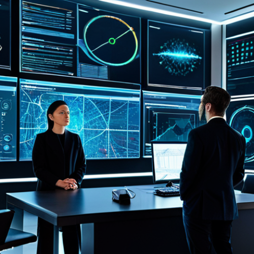 Home 8 A diverse team of cybersecurity professionals, including men and women, in modest business attire, observing multiple large holographic displays within a sleek, modern security operations center. The displays show intricate network diagrams, abstract data visualizations, and glowing neural network patterns, symbolizing Deep Learning processing vast amounts of information for proactive threat detection. The environment is well-lit, with a high-tech, professional aesthetic. Professional photography, high-resolution, cinematic lighting, safe for work, appropriate content, fully clothed, professional dress, perfect anatomy, correct proportions, natural pose, well-formed hands, proper finger count, natural body proportions.