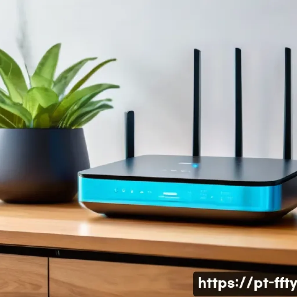 IoT 기기 해킹 예방 전략 - A modern Brazilian home interior with a sleek Wi-Fi router prominently displayed on a wooden table, ...