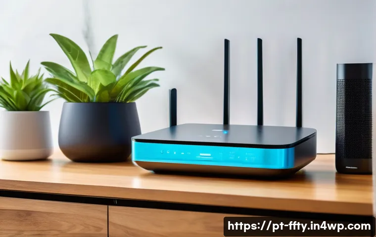 IoT 기기 해킹 예방 전략 - A modern Brazilian home interior with a sleek Wi-Fi router prominently displayed on a wooden table, ...