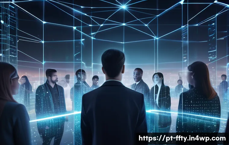 블록체인과 개인정보 보호 - A futuristic digital illustration of a diverse group of people securely managing their personal data...