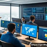 Home 21 디지털 변환과 보안 리스크 - A modern corporate office scene featuring a diverse group of professionals engaged in a cybersecurit...