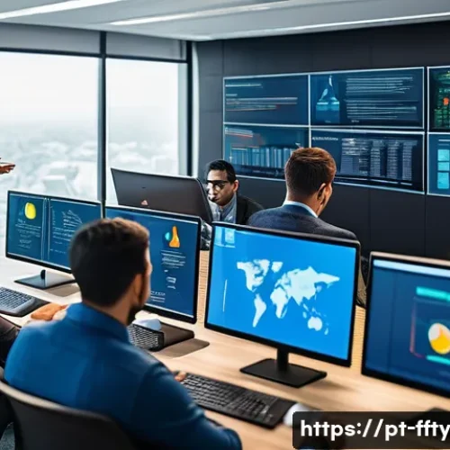 Home 33 디지털 변환과 보안 리스크 - A modern corporate office scene featuring a diverse group of professionals engaged in a cybersecurit...