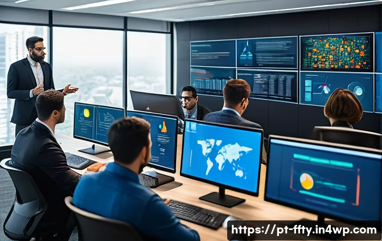 디지털 변환과 보안 리스크 - A modern corporate office scene featuring a diverse group of professionals engaged in a cybersecurit...