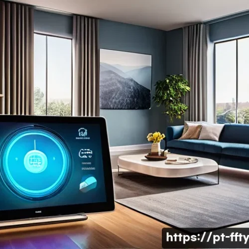 Home 32 사물인터넷 IoT 보안 대책 - A modern smart home interior showcasing a sophisticated IoT network setup with multiple connected de...