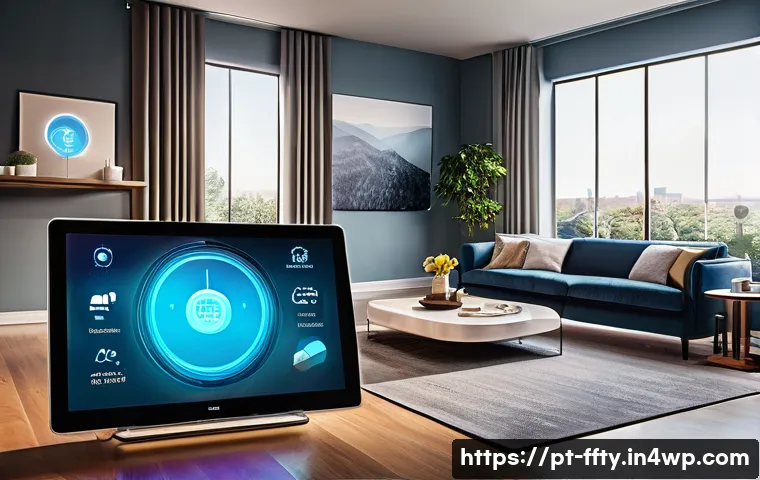 사물인터넷 IoT 보안 대책 - A modern smart home interior showcasing a sophisticated IoT network setup with multiple connected de...