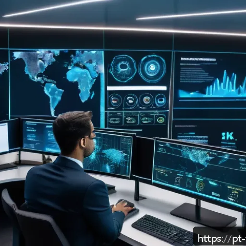 AI와 보안 분석의 융합 - A futuristic corporate cybersecurity control room filled with diverse professionals monitoring large...