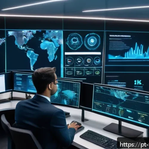 Home 30 AI와 보안 분석의 융합 - A futuristic corporate cybersecurity control room filled with diverse professionals monitoring large...