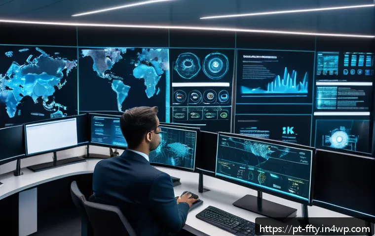 AI와 보안 분석의 융합 - A futuristic corporate cybersecurity control room filled with diverse professionals monitoring large...