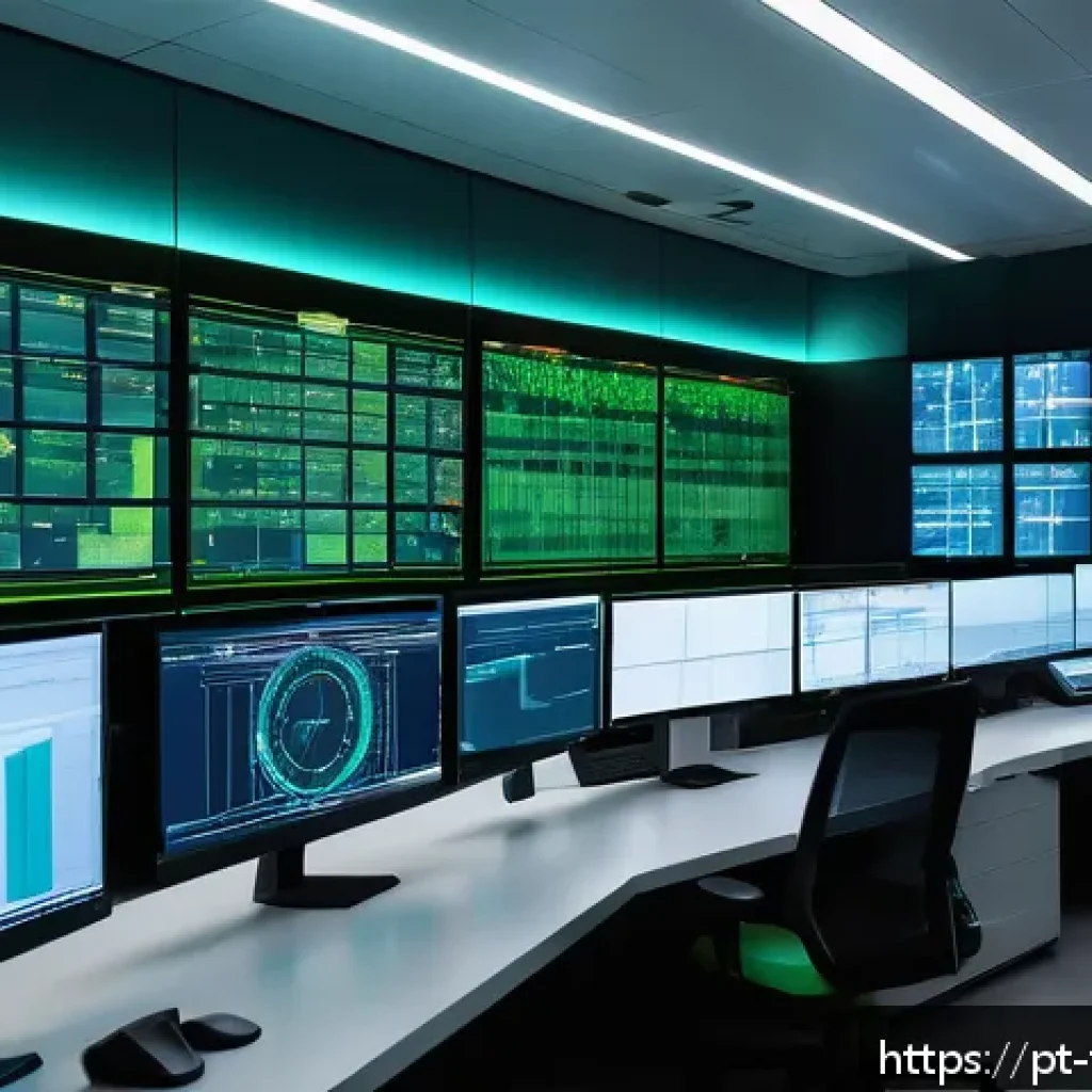 스마트 제조의 보안 솔루션 - A high-tech industrial control room with segmented network architecture visualized as glowing digita...