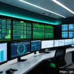 Home 23 스마트 제조의 보안 솔루션 - A high-tech industrial control room with segmented network architecture visualized as glowing digita...