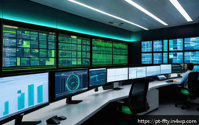 스마트 제조의 보안 솔루션 - A high-tech industrial control room with segmented network architecture visualized as glowing digita...